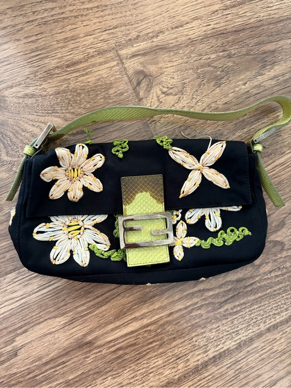 Fendi Black Shoulder Bag with Lime Green Floral Embroidery